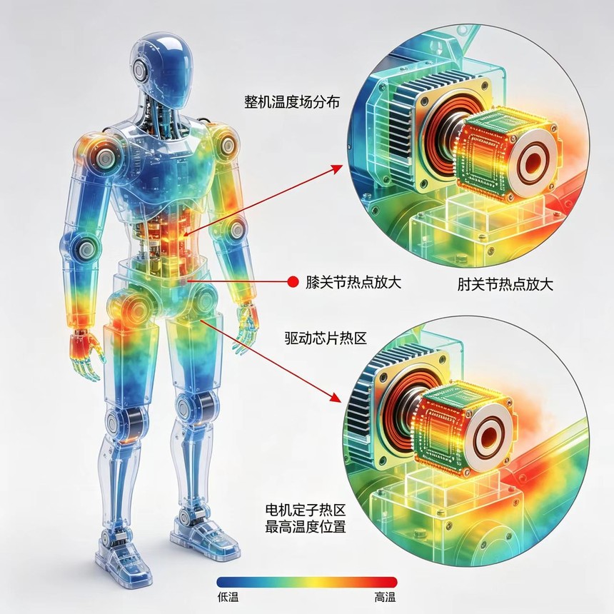 AI 机器人关节模组电磁 - 热耦合仿真温度场云图,直观呈现长时间负载运行下内部元器件温度分布,定位局部高温区域,为散热结构优化提供量化依据。 AI 机器人关节模组电磁 - 热耦合仿真温度场云图,直观呈现长时间负载运行下内部元器件温度分布,定位局部高温区域,为散热结构优化提供量化依据。